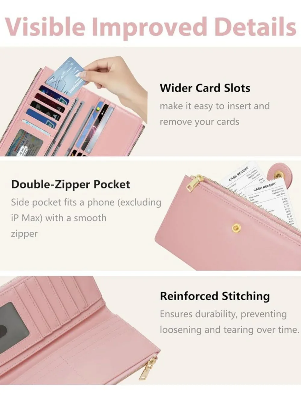 Slim Pink RFID Wallet for Women | 12 Slot Card Holder, Zipper Pocket, Vegan